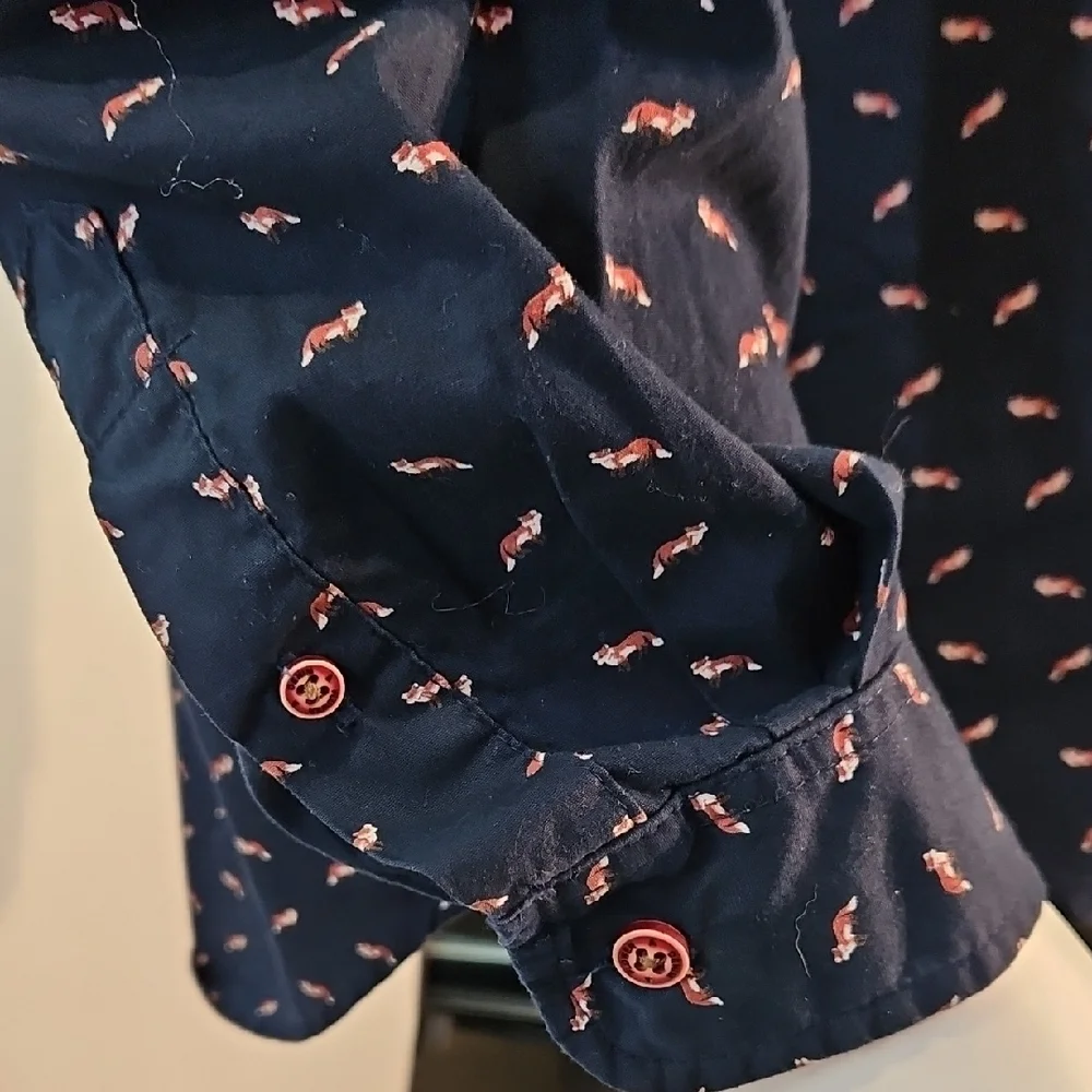 Denim & Flower Navy Blue Fox Print Slim Fit Button Down Shirt